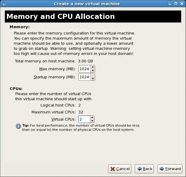 Allocating memory and CPU resources to the RHEL based Xen guest