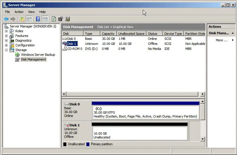 An uninitialized disk in Windows Server 2008 Disk Manager