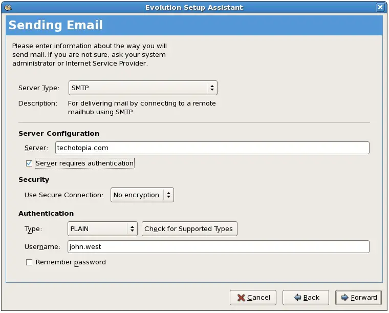 Configuring mail sending sending on Evolution on CentOS
