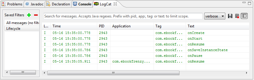 The LogCat output from the running application