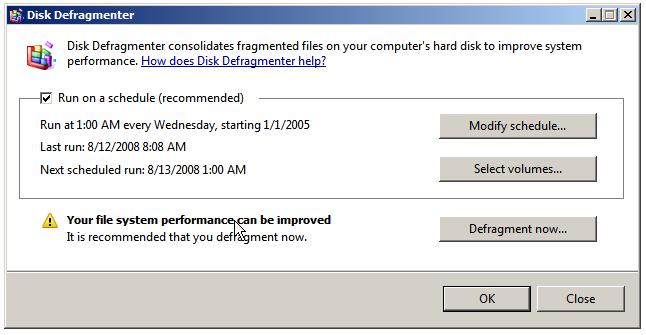 Setting automated disk defragmentation