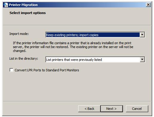 Selecting the printer import options