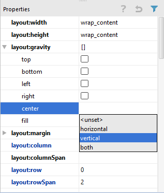 Setting a GridLayout center gravity property in Android Studio