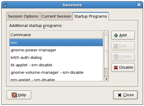 The CentOS desktop Startup Programs configuration screen