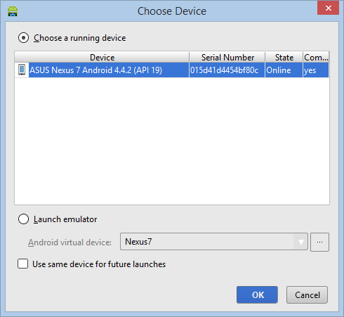 Choosing a physical device in the Android Studio device chooser