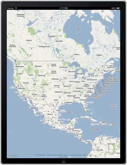 A basic MKMapView instance running on an iPad
