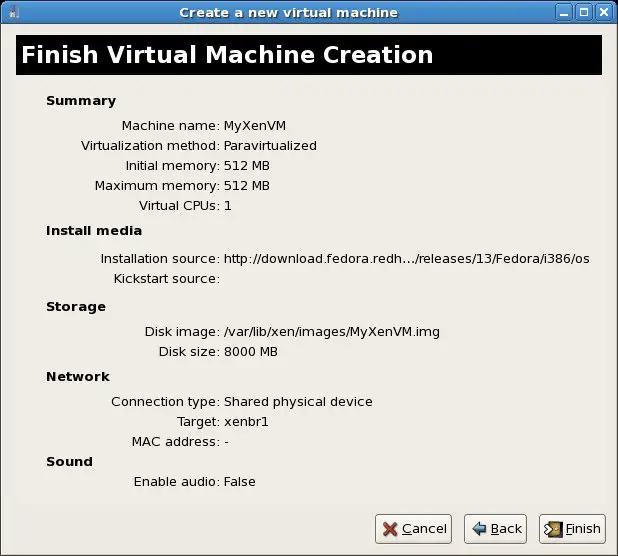 The virt-manager new virtual machine summary screen on CentOS