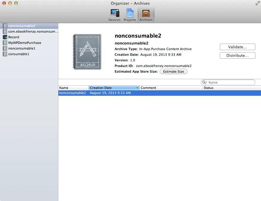 An iOS 7 in app purchase hosted package in the Xcode 5 Organizer window