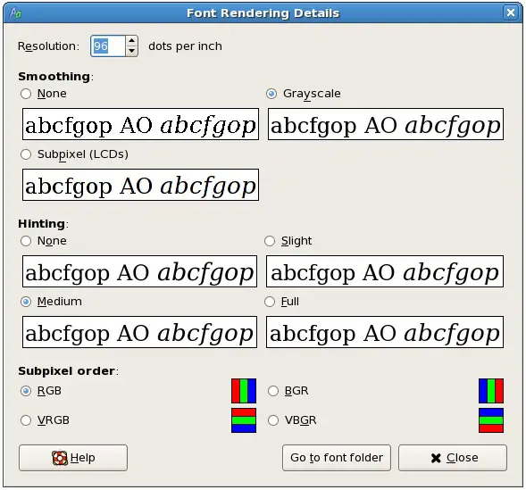 The CentOS GNOME desktop font rendering details screen