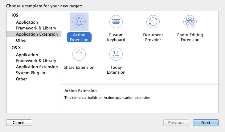 Xcode 6 extension template selection.png