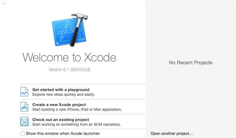 The Xcode 6 Welcome screen