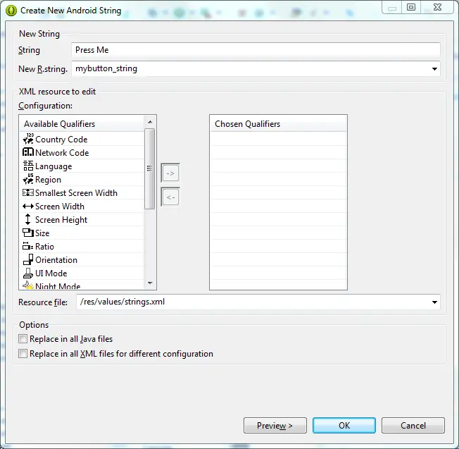 Creating an Android string resource in Eclipse