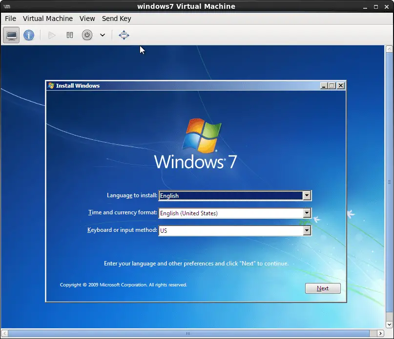 A Windows 7 guest running in a CentOS 6 KVm virtual machine