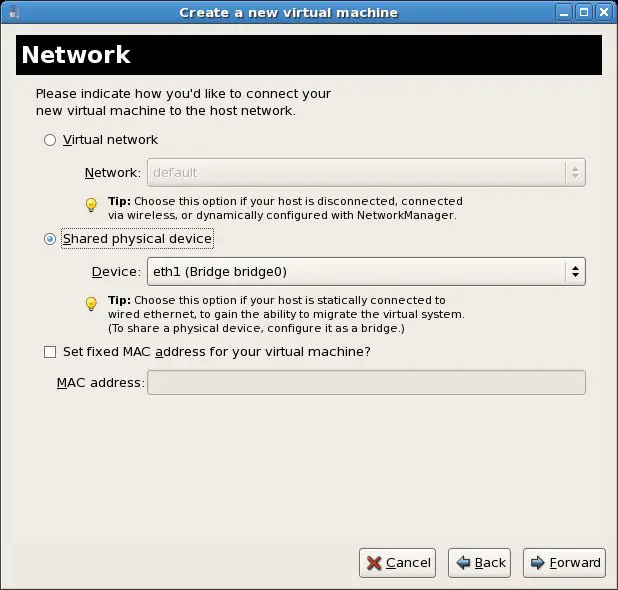 the network bridge option selected for a new RHEL KVM guest OS