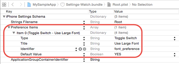 The WatchKit settings bundle Root.plist file