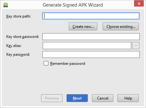The Android Studio Generate Signed APK Wizard dialog