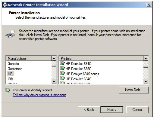 Selecting the manufacturer and model of a Network Printer