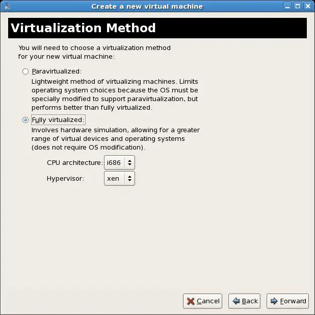 Selecting Full Virtualization for a CentOS Xen-based guest