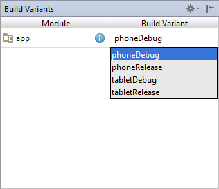 Build Variants listed in the Android Studio Build Variant tool window