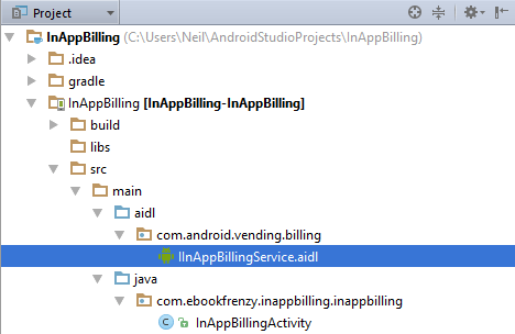 The In App Billing AIDL file added to the Android Studio project