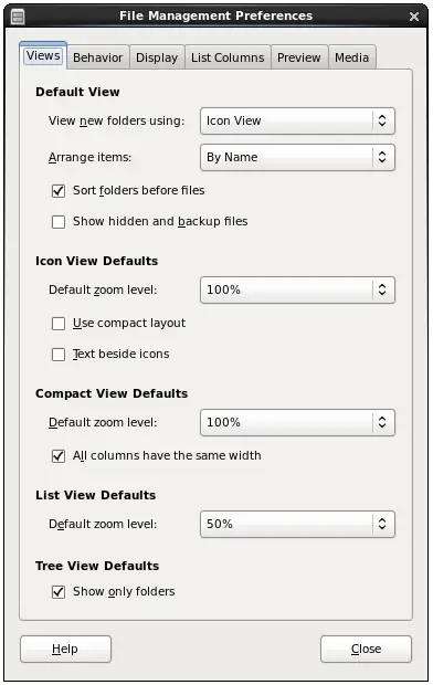 The View Preferences panel of the CentOS 6 file manager