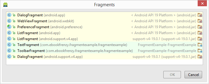 The Android Studio Designer Fragment List Dialog
