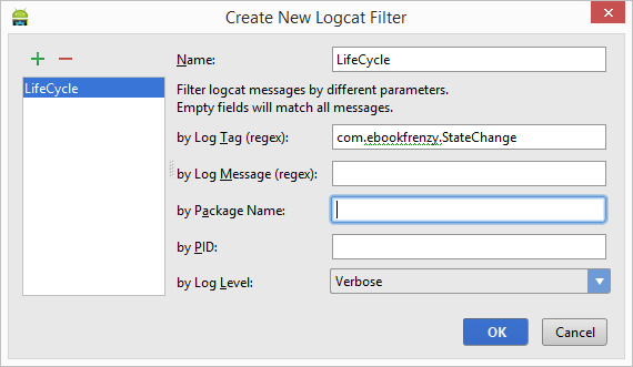 Configuring a LogCat filter in Android Studio