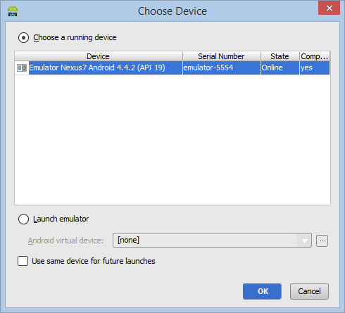 The Android Studio Device Chooser window