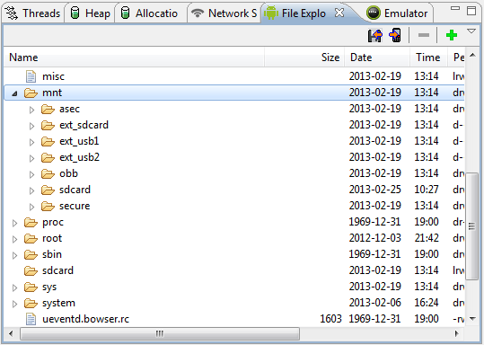 The content of a Kindle Fire SD Card accessed using the DDMS Perspective