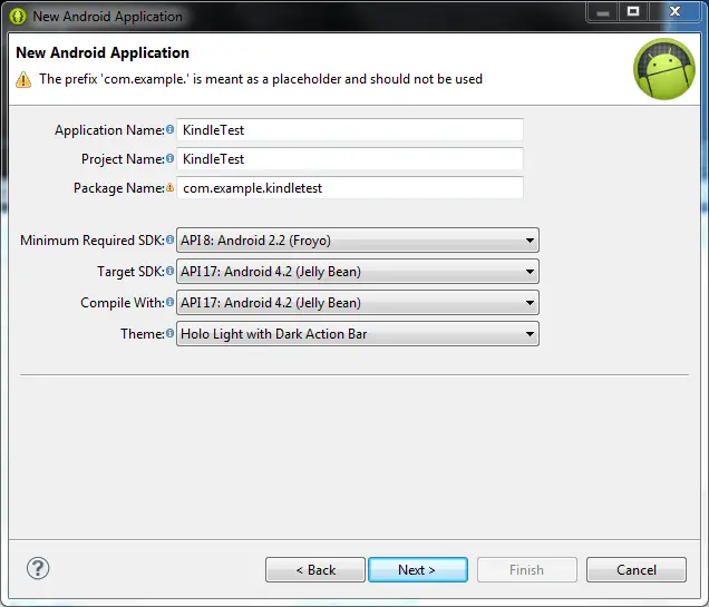 Configuring the SDK settings for a new Android app