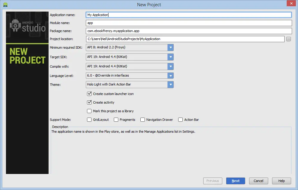 Creating a new project in Android Studio