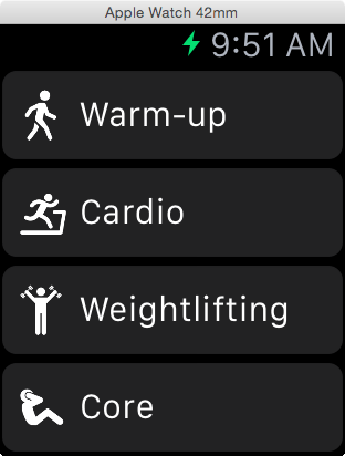 The example WatchKit table app running