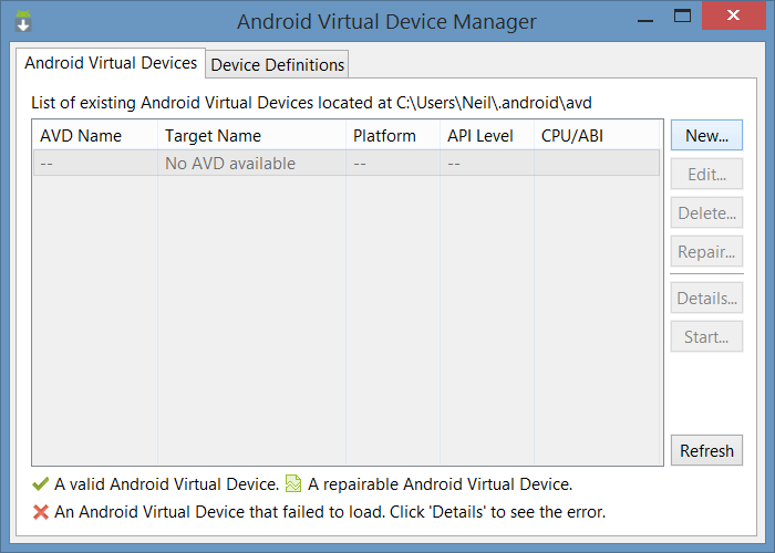 The Android Studio Virtual Device Manager window