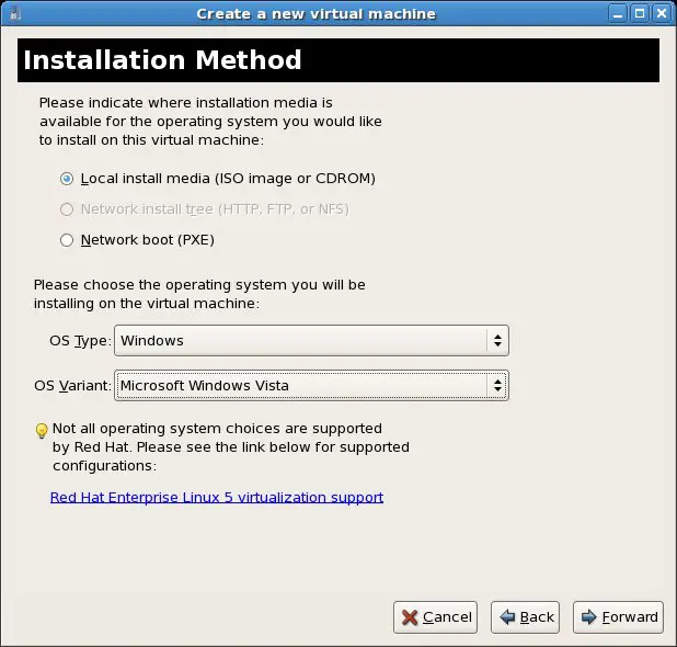Specifying the guest OS installation media and OS type for Xen VM