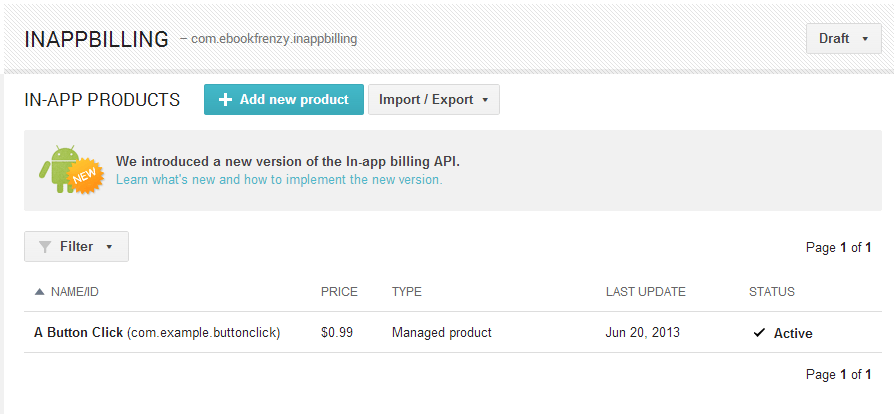 A new in app product listed in the Google Play Console