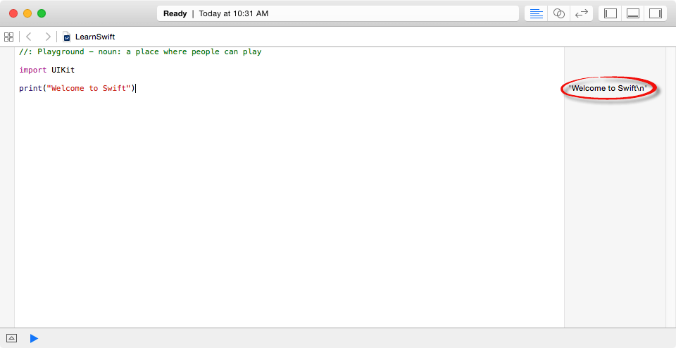 The initial page of a new Swift playground