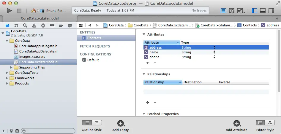 The Xcode 5 core data entity editor