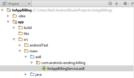 The In App Billing AIDL file added to the Android Studio project