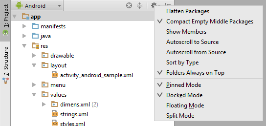 The Android Studio Tool Window Settings Menu