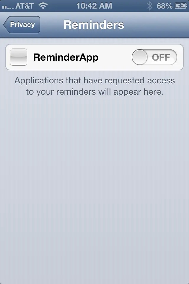 Configuring Reminder privacy settings on an iOS 6 iPhone