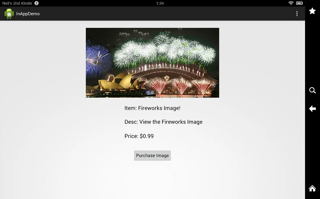 The Amazon Kindle Fire In-App Purchasing example app running