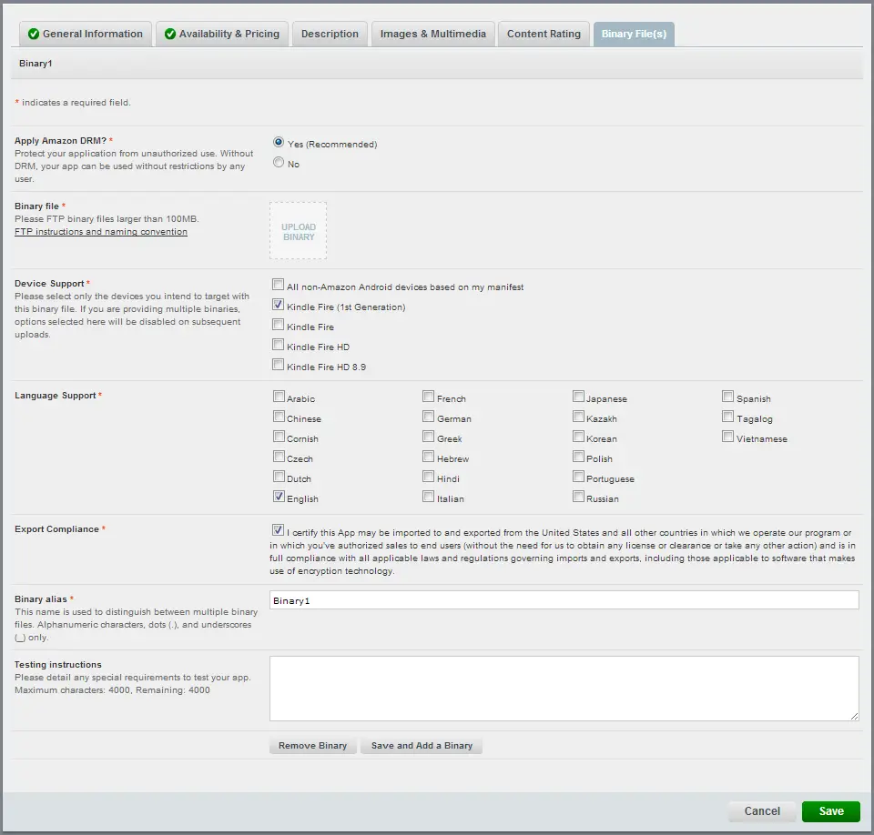 Kindle Fire app binary upload page
