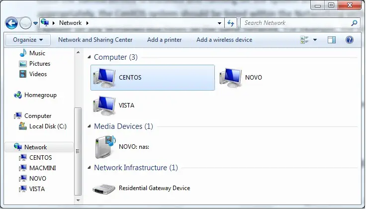 A CentOS server listed in Windows Explorer