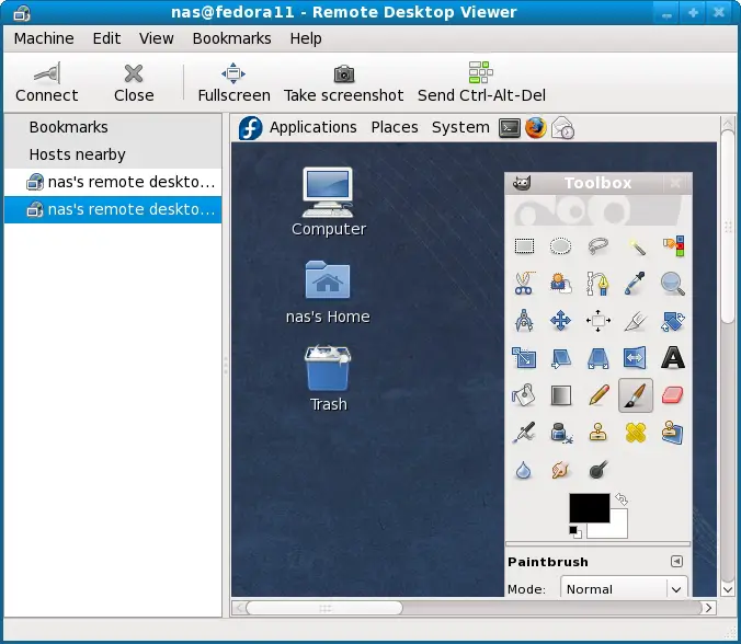 Vinagre attached to a remote Fedora desktop
