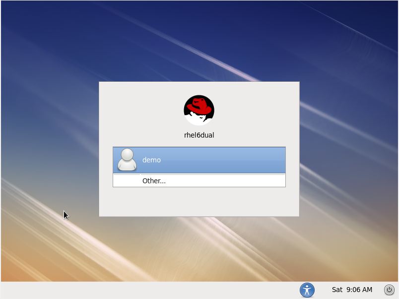 The Red hat Enterprise Linux 6 Desktop Login Screen