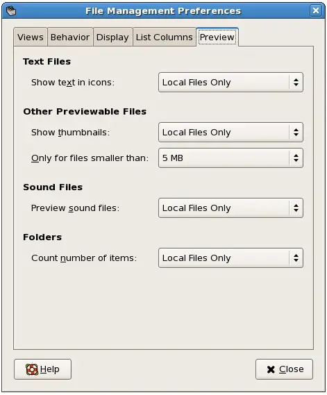 The Preview page of the CentOS File Manager Preferences dialog