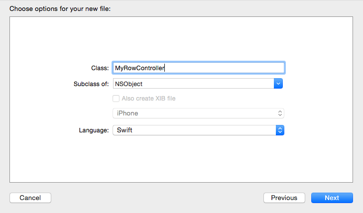 Creating a WatchKit table row controller class