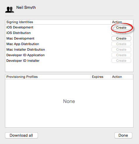 iOS Signing identities listed in the Xcode preferences panel