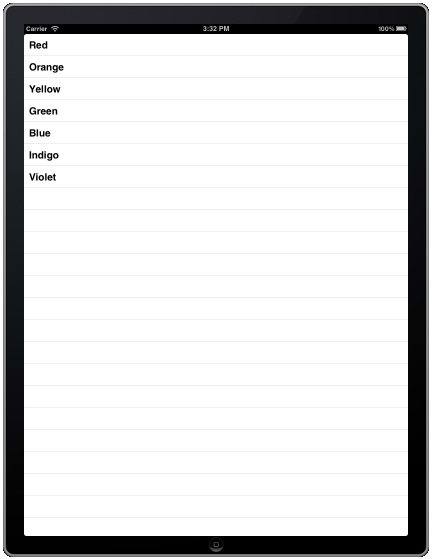An iPad iOS 5 table view app running