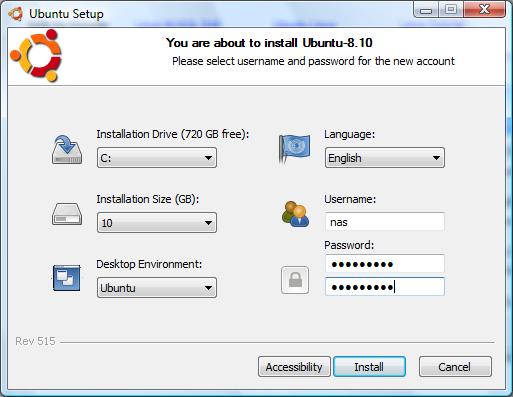 The initial Wubi Ubuntu Installer Setup screen